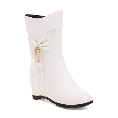 Pu Leather Round Toe Side Zippers Bow Tie Pearls Inside Heighten Mid-Calf Boots for Women