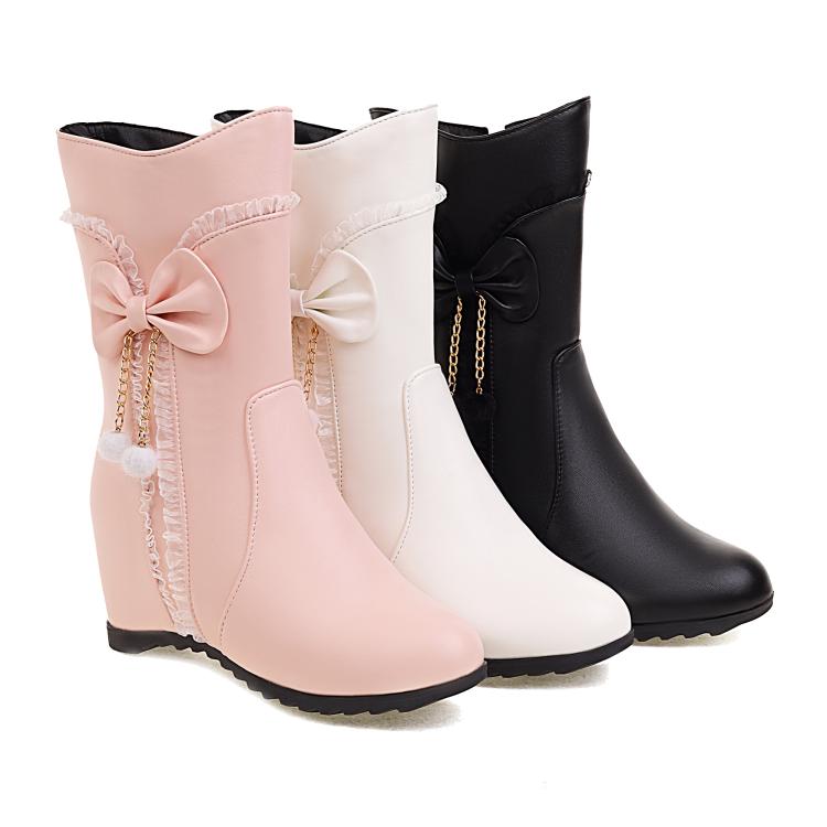 Pu Leather Round Toe Side Zippers Bow Tie Pearls Inside Heighten Mid-Calf Boots for Women