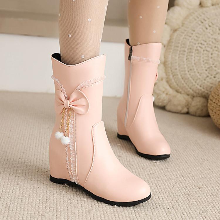 Pu Leather Round Toe Side Zippers Bow Tie Pearls Inside Heighten Mid-Calf Boots for Women