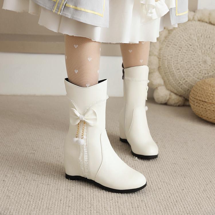 Pu Leather Round Toe Side Zippers Bow Tie Pearls Inside Heighten Ankle Boots for Women