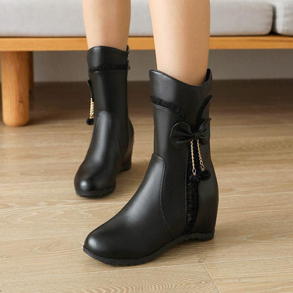 Pu Leather Round Toe Side Zippers Bow Tie Pearls Inside Heighten Mid-Calf Boots for Women