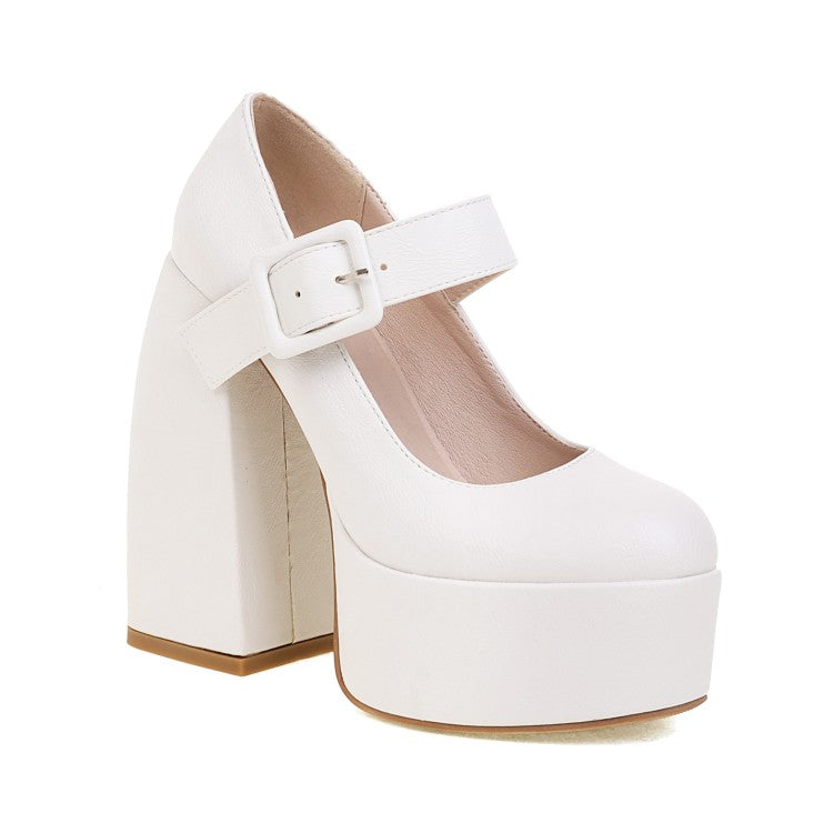 Ladies Buckle Mary Jane Chunky Heel Platform Pumps