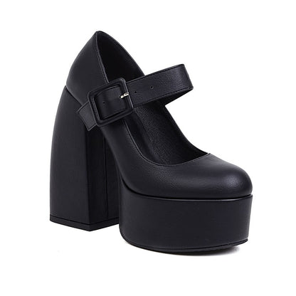 Ladies Buckle Mary Jane Chunky Heel Platform Pumps