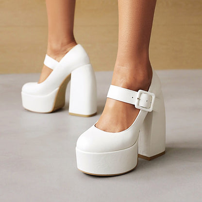 Ladies Buckle Mary Jane Chunky Heel Platform Pumps