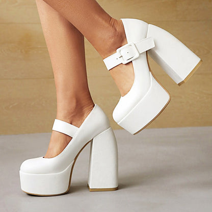 Ladies Buckle Mary Jane Chunky Heel Platform Pumps