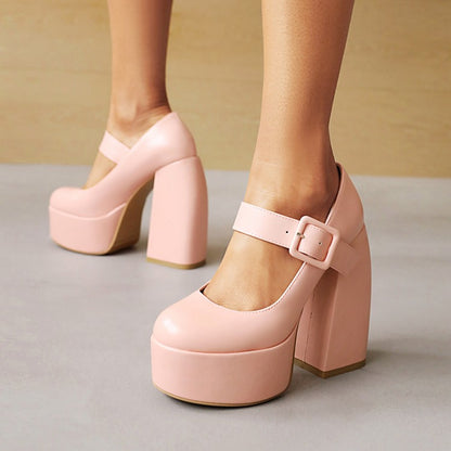 Ladies Buckle Mary Jane Chunky Heel Platform Pumps