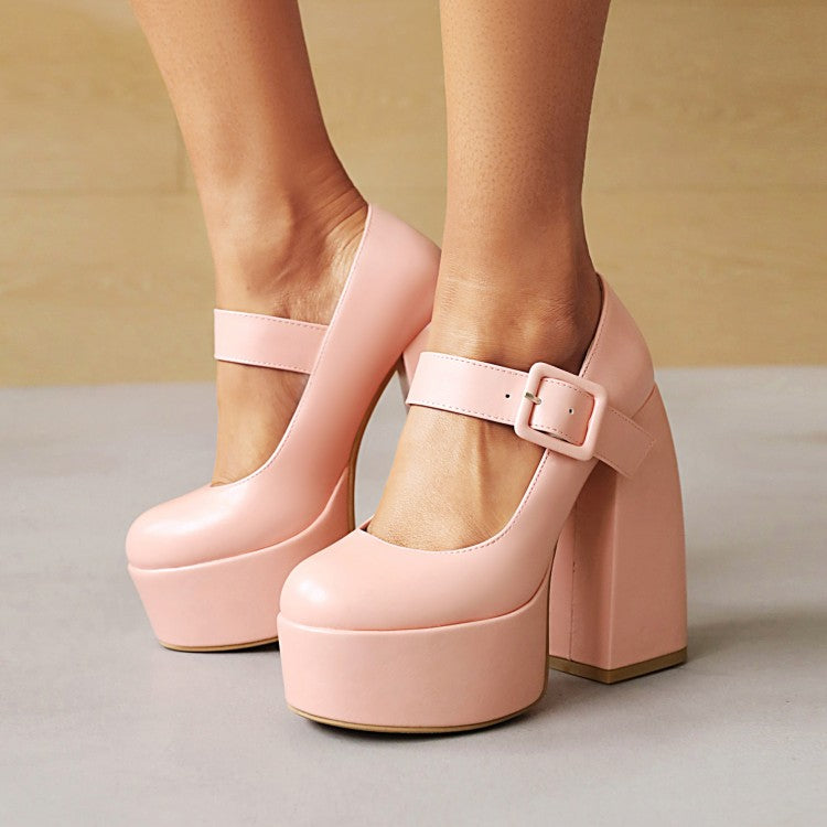 Ladies Buckle Mary Jane Chunky Heel Platform Pumps