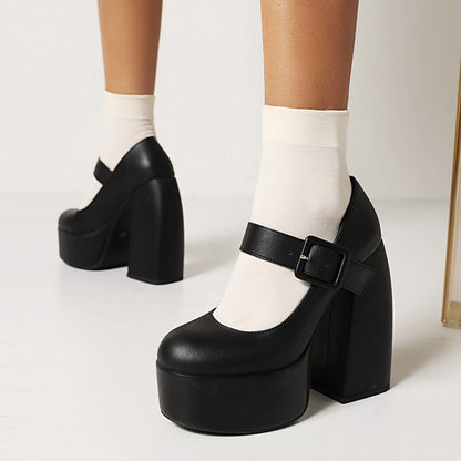 Ladies Buckle Mary Jane Chunky Heel Platform Pumps