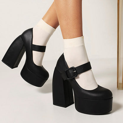 Ladies Buckle Mary Jane Chunky Heel Platform Pumps