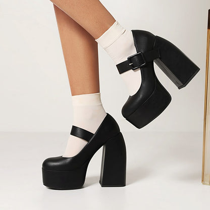 Ladies Buckle Mary Jane Chunky Heel Platform Pumps