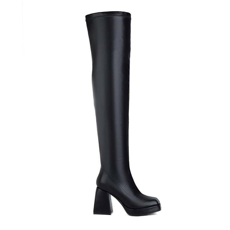 Glossy Square Toe Side Zippers Block Chunky Heel Platform Over the Knee Boots for Women