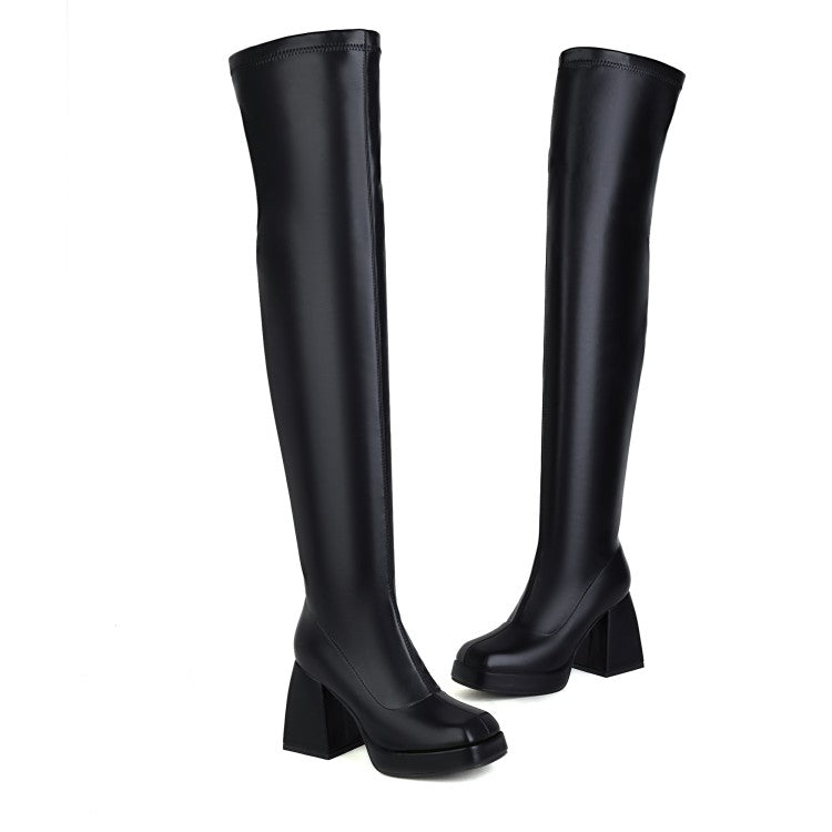 Glossy Square Toe Side Zippers Block Chunky Heel Platform Over the Knee Boots for Women