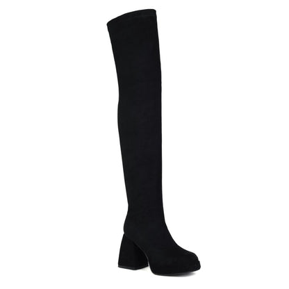 Glossy Square Toe Side Zippers Block Chunky Heel Platform Over the Knee Boots for Women