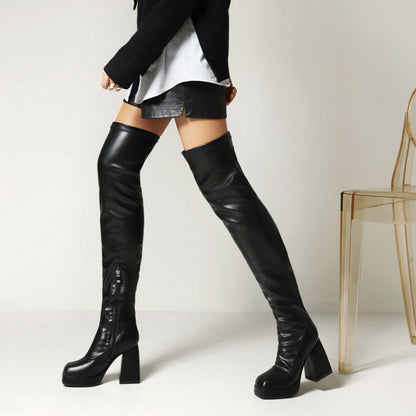 Glossy Square Toe Side Zippers Block Chunky Heel Platform Over the Knee Boots for Women