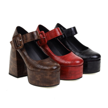 Ladies Crocodile Pattern Pu Leather Belts Buckles Chunky Heel Platform Mary Jane Shoes