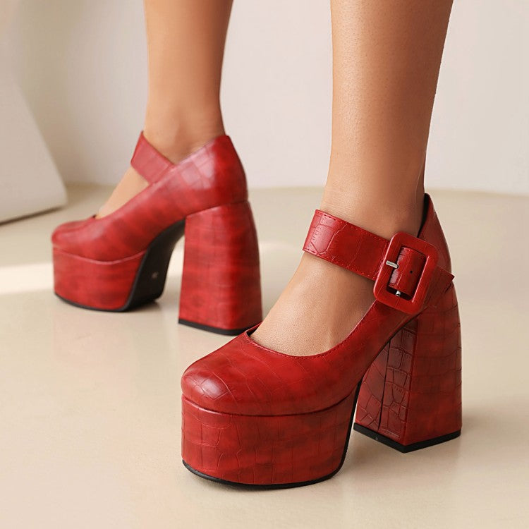 Ladies Crocodile Pattern Pu Leather Belts Buckles Chunky Heel Platform Mary Jane Shoes