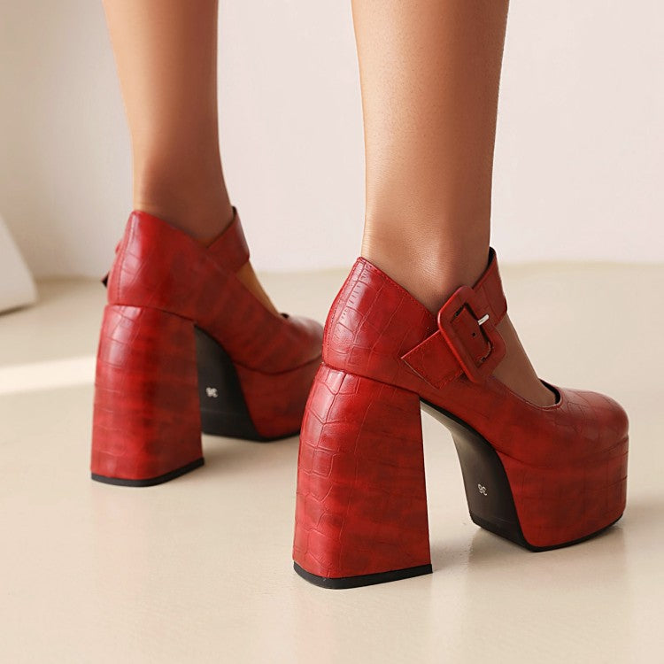 Ladies Crocodile Pattern Pu Leather Belts Buckles Chunky Heel Platform Mary Jane Shoes