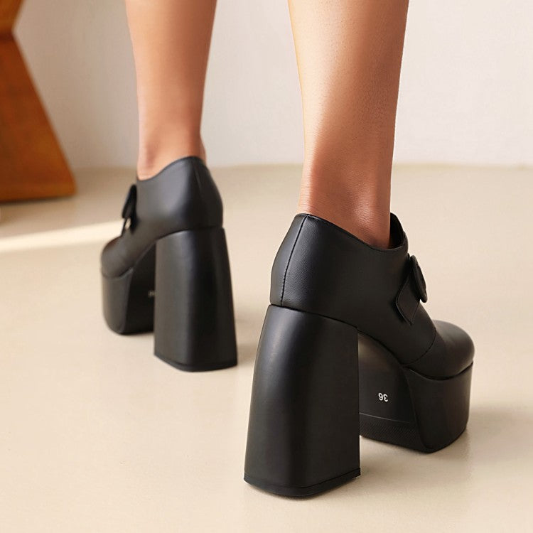 Ladies Pu Leather Round Toe Belts Buckles Block Heel Platform High Heels Shoes