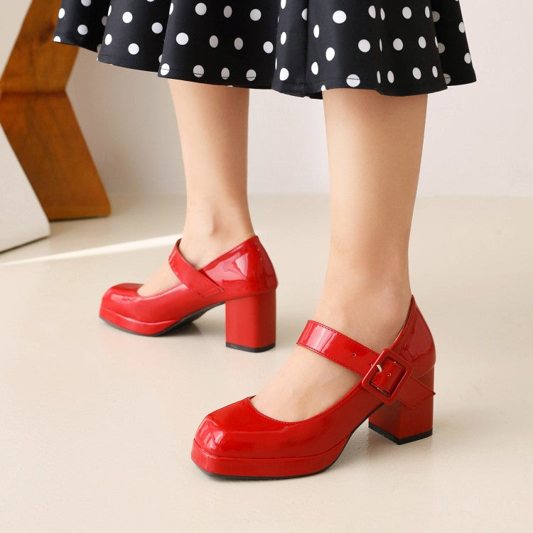 Ladies Platform Pumps Glossy Square Toe Mary Janes Buckle Straps Block Chunky Heel