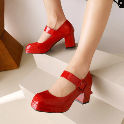 Ladies Platform Pumps Glossy Square Toe Mary Janes Buckle Straps Block Chunky Heel