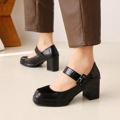 Ladies Platform Pumps Glossy Square Toe Mary Janes Buckle Straps Block Chunky Heel