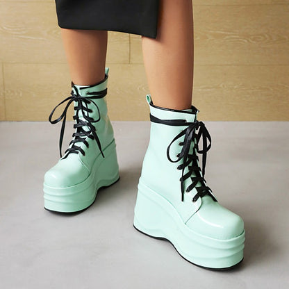 Candy Color Pu Leather Round Toe Lace Up Wedge Heel Platform Ankle Boots for Women