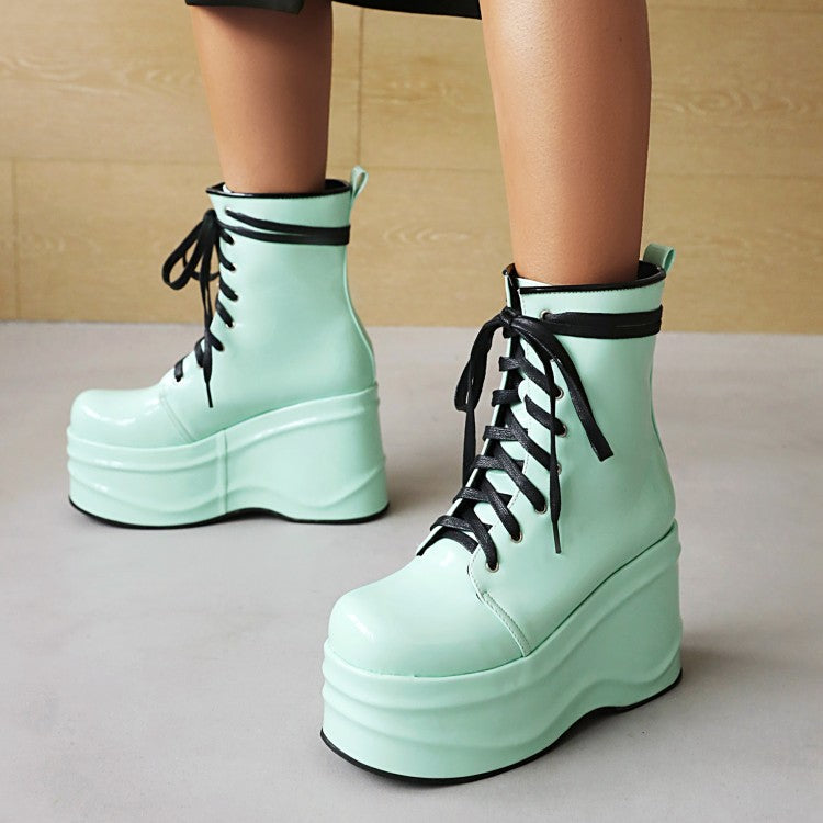 Candy Color Pu Leather Round Toe Lace Up Wedge Heel Platform Ankle Boots for Women