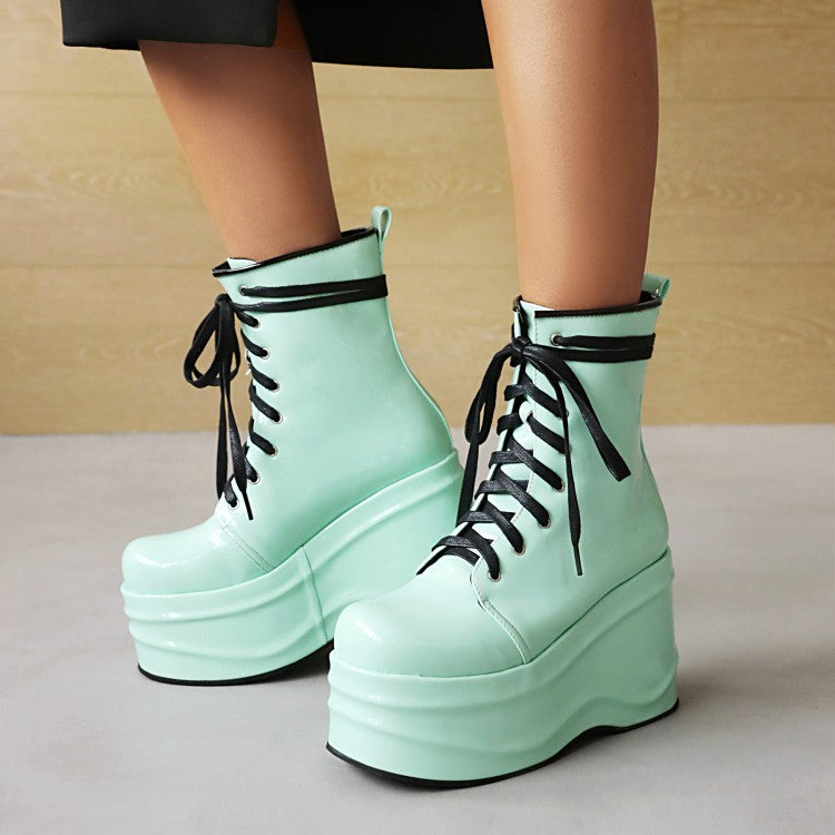 Candy Color Pu Leather Round Toe Lace Up Wedge Heel Platform Ankle Boots for Women