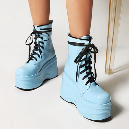 Candy Color Pu Leather Round Toe Lace Up Wedge Heel Platform Ankle Boots for Women