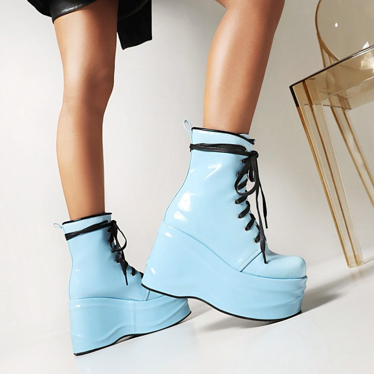 Candy Color Pu Leather Round Toe Lace Up Wedge Heel Platform Ankle Boots for Women