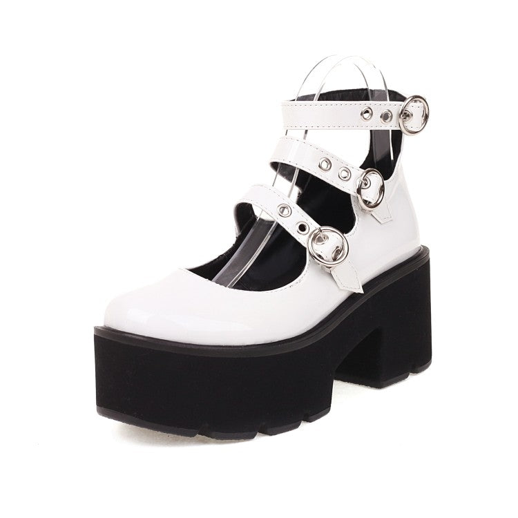 Women's Glossy Round Toe Side Zippers Metal Buckle Straps Wedge Heel Platform Pumps