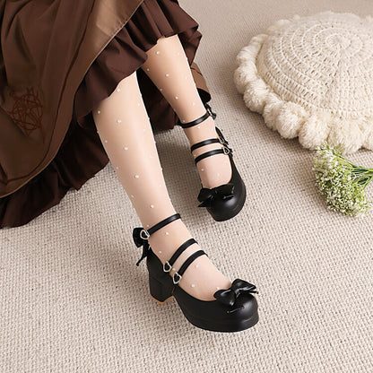 Ladies Pumps Lolita Solid Color Round Toe Butterfly Knot Block Heel Shoes