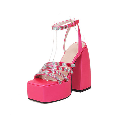 Ladies Square Toe Rhinestone Chunky Heel High Heels Platform Sandals