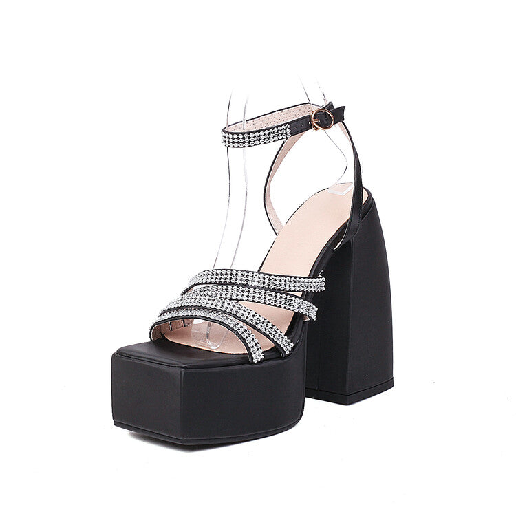 Ladies Square Toe Rhinestone Chunky Heel High Heels Platform Sandals