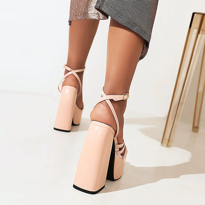 Ladies Solid Color Square Toe Chunky Heel High Heels Platform Sandals