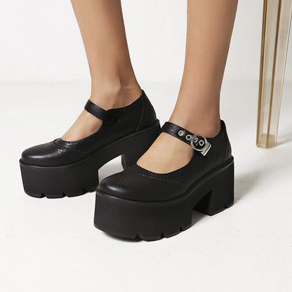 Women's Round Toe Mary Janes Buckle Straps Chunky Heel Platform Pumps