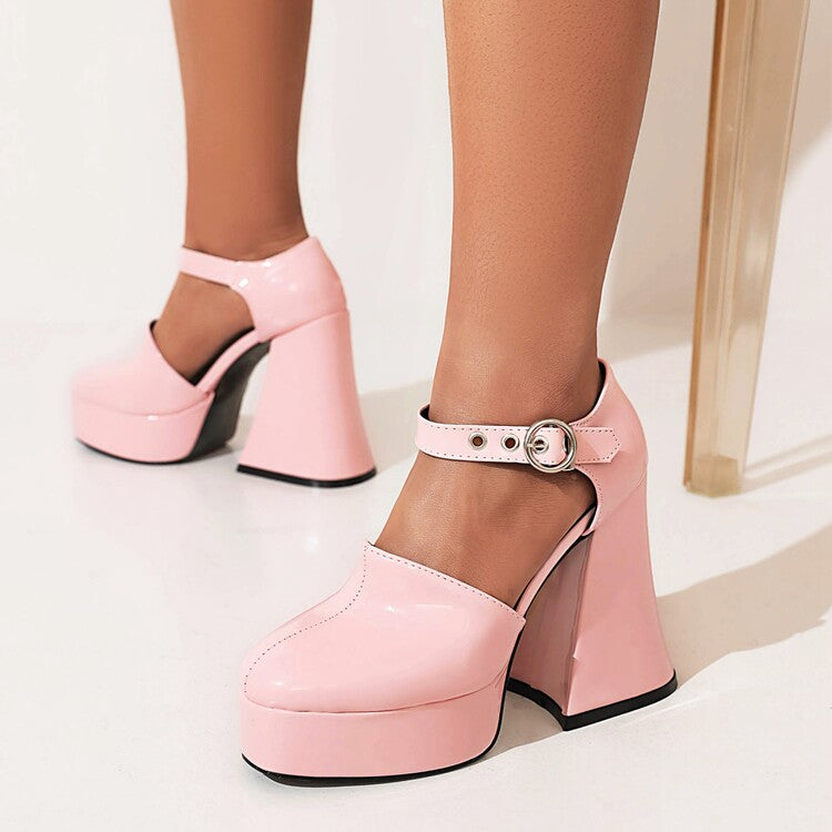 Women's Patent Buckle Straps Ankle Strap Block Heel Platform Sandals