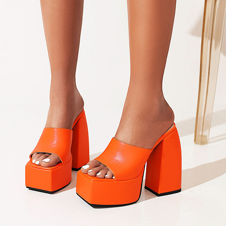 Ladies Solid Color Square Toe Chunky Heel High Heels Platform Sandals