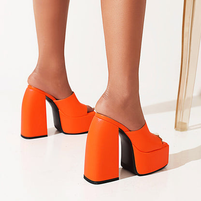 Ladies Solid Color Square Toe Chunky Heel High Heels Platform Sandals