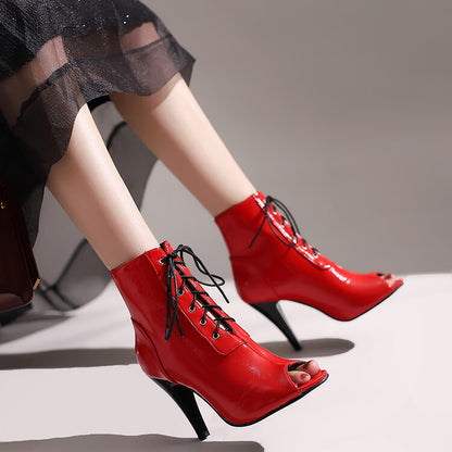 Pu Leather Peep Toe Lace Up Cone Heel Short Boots for Women