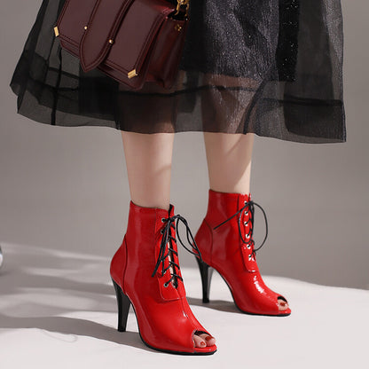 Pu Leather Peep Toe Lace Up Cone Heel Short Boots for Women