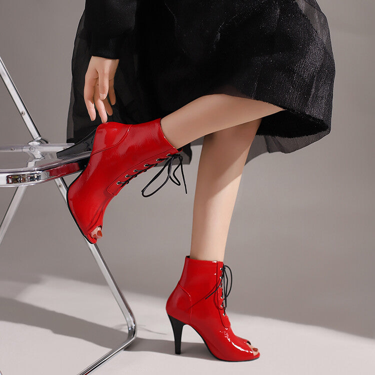 Pu Leather Peep Toe Lace Up Cone Heel Short Boots for Women