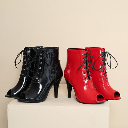 Pu Leather Peep Toe Lace Up Cone Heel Short Boots for Women