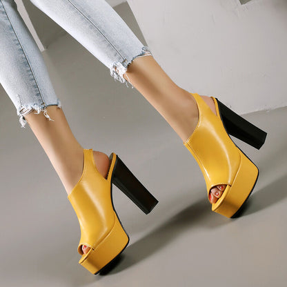 Ladies Color Contrast Peep Toe Platform Chunky Heel Sandals