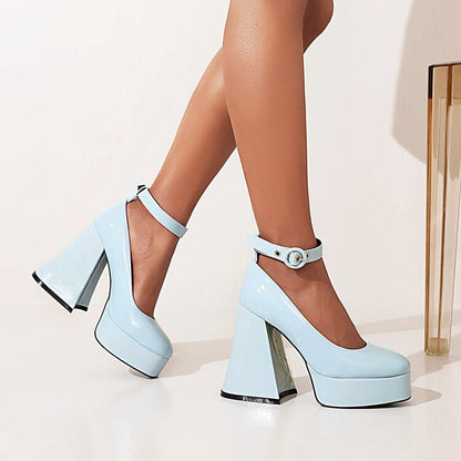 Women's Shallow Ankle Strap Chunky Heel Platform Pumps