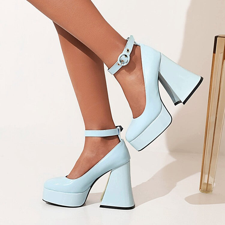 Women's Shallow Ankle Strap Chunky Heel Platform Pumps