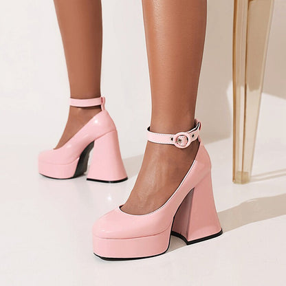 Women's Shallow Ankle Strap Chunky Heel Platform Pumps