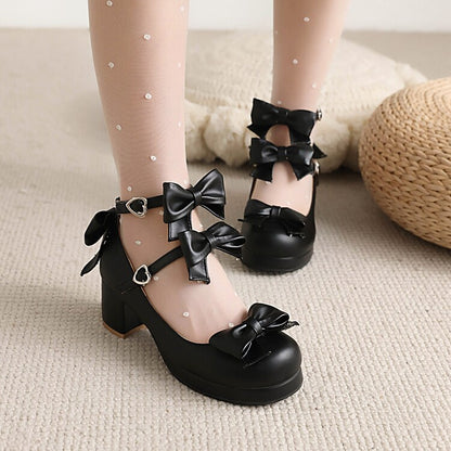 Ladies Pumps Lolita Solid Color Butterfly Knot Platform Block Heel Shoes