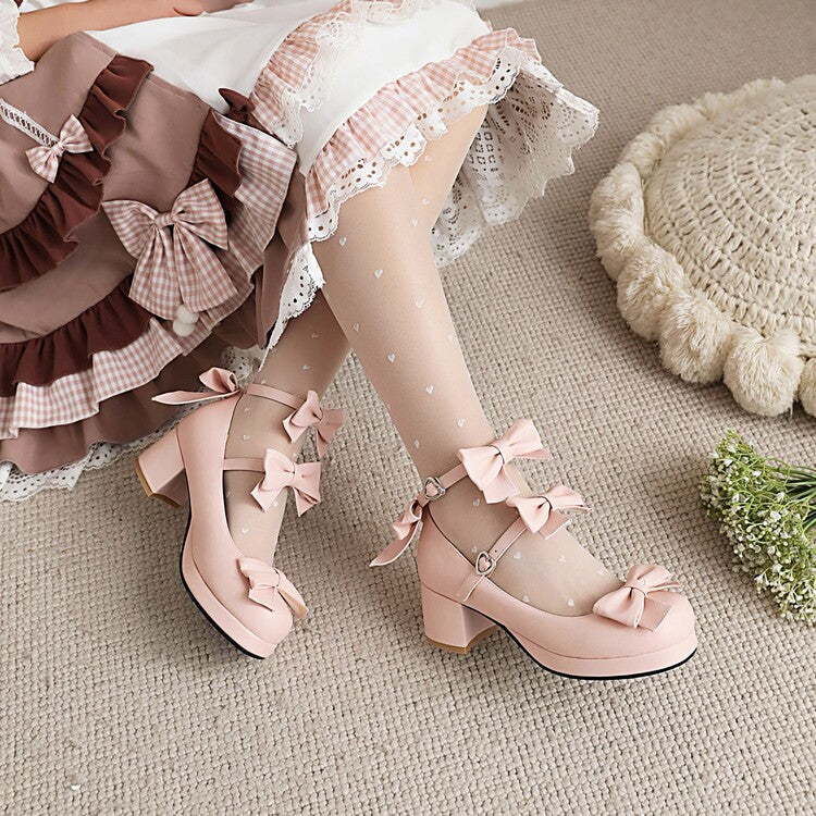 Ladies Pumps Lolita Solid Color Butterfly Knot Platform Block Heel Shoes