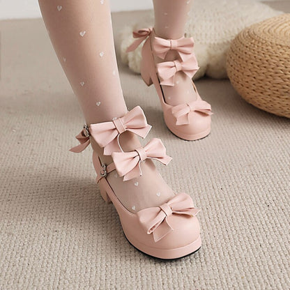 Ladies Pumps Lolita Solid Color Butterfly Knot Platform Block Heel Shoes